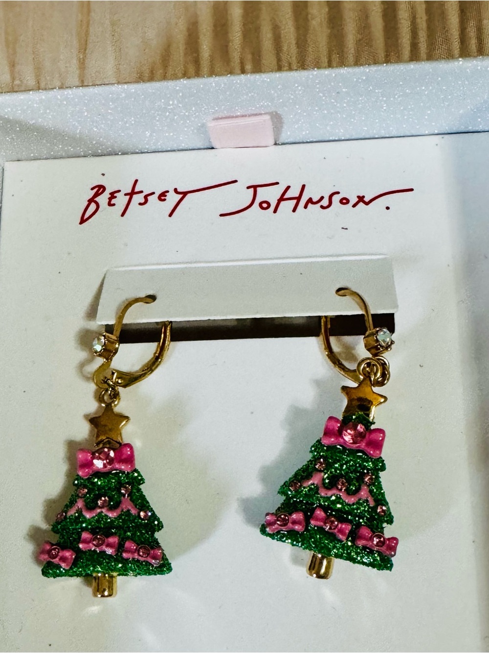Betsey Johnson Green & Pink Glitter Christmas Tree Dangle Earrings